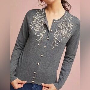 Anthropologie field flower gray pearl beaded cotton / cashmere cardigan